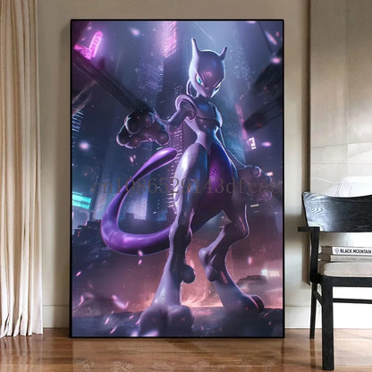 Pokémon Mewtwo HD Canvas Wall Art – Anime Watercolor Poster Print Modern Home Decor