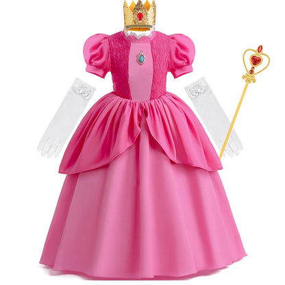 Princess Peach Cosplay Dress – Bubble Sleeve Princess Costume for Kids, Summer Halloween & Christmas Party Outfit