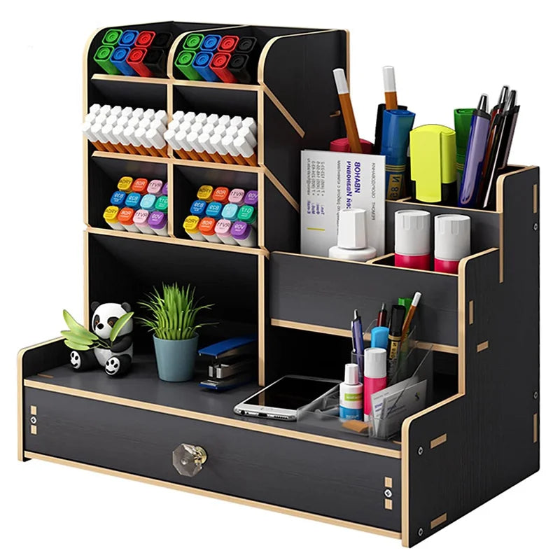 Organizador de escritorio de madera – Caja de almacenamiento de bricolaje para escritorio con cajón, portalápices de gran capacidad para organización de papelería de oficina, escuela y hogar