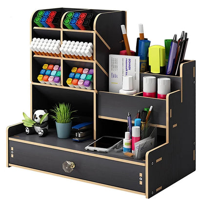 Organizador de escritorio de madera – Caja de almacenamiento de bricolaje para escritorio con cajón, portalápices de gran capacidad para organización de papelería de oficina, escuela y hogar