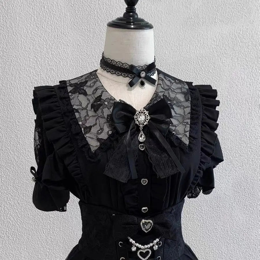 Blusa de mujer de encaje de manga corta estilo lolita japonés 2026, dulce, linda, ajustada, informal, a la moda, para uso diario