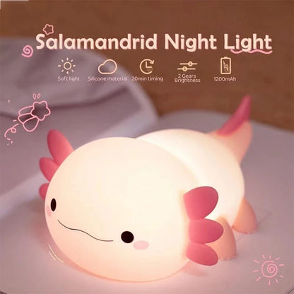 Cute Axolotl Silicone Night Light – Touch-Control USB Rechargeable Nursery Lamp for Baby & Kids, Soft Table Bedside Light