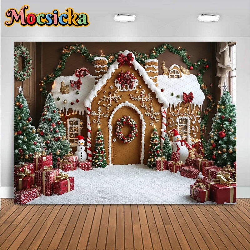 Mocsicka Christmas House Photography Backdrop – Xmas Tree, Snowman & Gifts Holiday Background for Children, Adults, Family & Party Decor