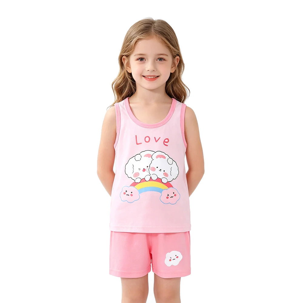 Kids 100% Cotton Pajama Set Sleeveless Tank Top & Shorts Summer Sleepwear for Boys & Girls