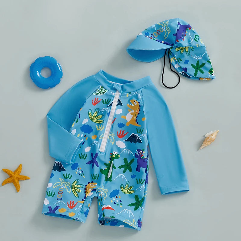 Kids Shark Print Rash Guard Swimwear Set – Long Sleeve Half Zip-Up Bathing Suit with Sun Hat, 2-Piece Toddler Boys’ Swimsuit for 0-5 Years, UV Protective Beachwear for Pool, Swimming & Summer Activities