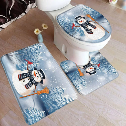 Funny Christmas Bath Mat Set – Cute Snowman, Santa Claus, Red Ball & Xmas Tree Bathroom Rugs with Toilet Lid Cover