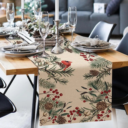 Christmas Pine Needle Linen Table Runner – Red Cardinal Bird & Winter Branch Design for Farmhouse Kitchen, Dining Table & Holiday Decor