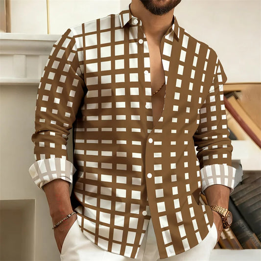 Men’s 3D Printed Plaid Long Sleeve Shirt – Fashion Casual Streetwear Top for Outdoor Everyday Wear, Sizes S–6XL