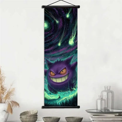 Pokémon Gengar, Squirtle y Mimikyu Noche Estrellada – Lienzo Decorativo Enrollable para Pared – Regalo para Decoración del Hogar