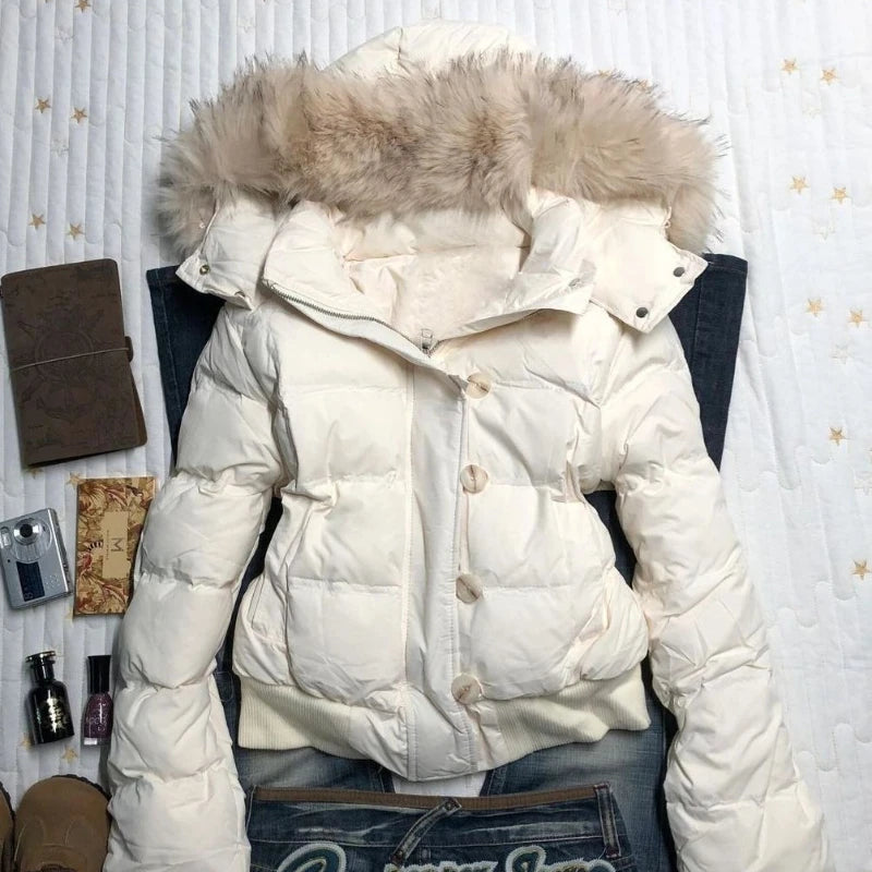 Women's American Retro Hooded Cotton-Padded Winter Coat Faux Fur Collar Solid Color Warm Insulated Jacket Loose Fit Casual Outerwear