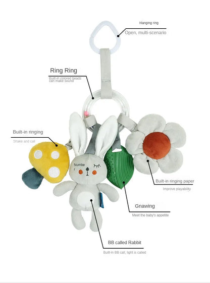 Peluche de actividades "Bebé Arcoíris" – Juguete sensorial colgante para cochecito para 0-12 meses, juguete móvil para asiento de coche y cuna, juguete de viaje suave y educativo para el desarrollo y juego del recién nacido.