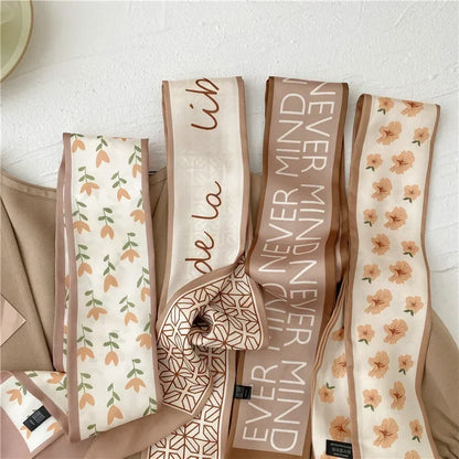 Khaki Nude Silk Scarf Hair Band – Vintage Satin Ribbon Bow Hair Accessory for Women | Elegant Fashion Hair Tie