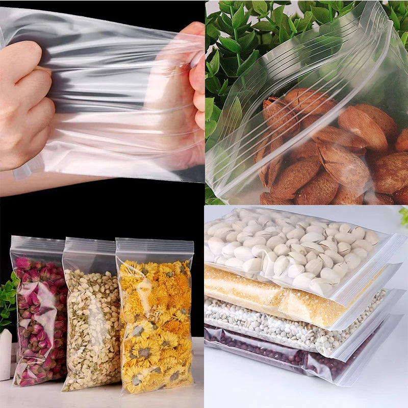 100/200 bolsas transparentes con cierre de cremallera – Bolsas de plástico gruesas resellables para alimentos, joyas, organización de cocina, almacenamiento de artículos pequeños y suministros de embalaje