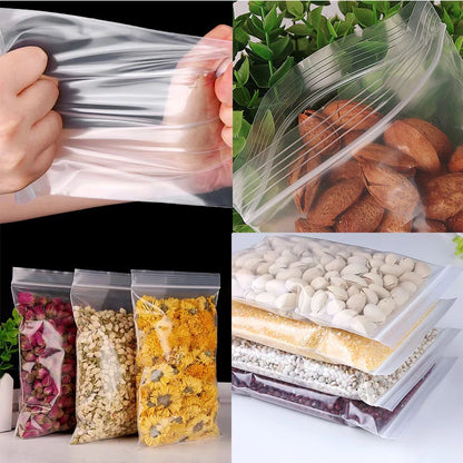 100/200 bolsas transparentes con cierre de cremallera – Bolsas de plástico gruesas resellables para alimentos, joyas, organización de cocina, almacenamiento de artículos pequeños y suministros de embalaje