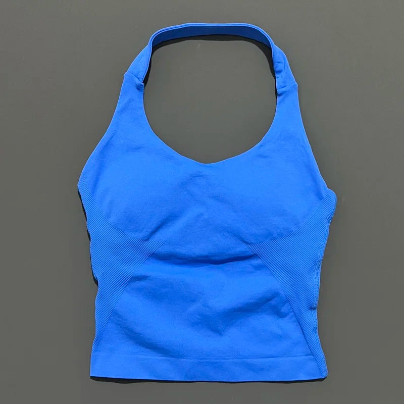 HISTELLO Women’s Seamless Longline Halter Sports Top – Built-in Bra with Removable Cups Yoga & Gym Tank Activewear