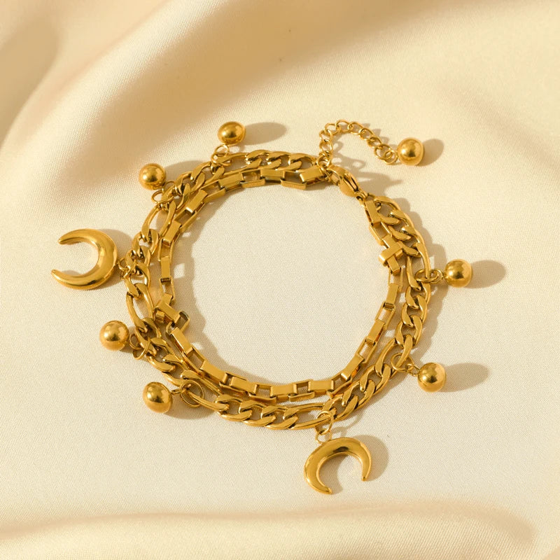 Pulsera de acero inoxidable 316L con dijes de estrellas de mar, luna y estrellas doradas – Cadena de muñeca moderna para mujer, regalo de joyería para fiestas