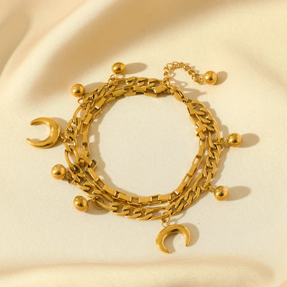 Pulsera de acero inoxidable 316L con dijes de estrellas de mar, luna y estrellas doradas – Cadena de muñeca moderna para mujer, regalo de joyería para fiestas