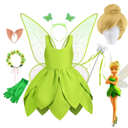 Tinker Bell Fairy Dress for Girls – Fantasy Forest Elf Green Leaf Cosplay Costume for Baby & Kids, Halloween Dress-Up