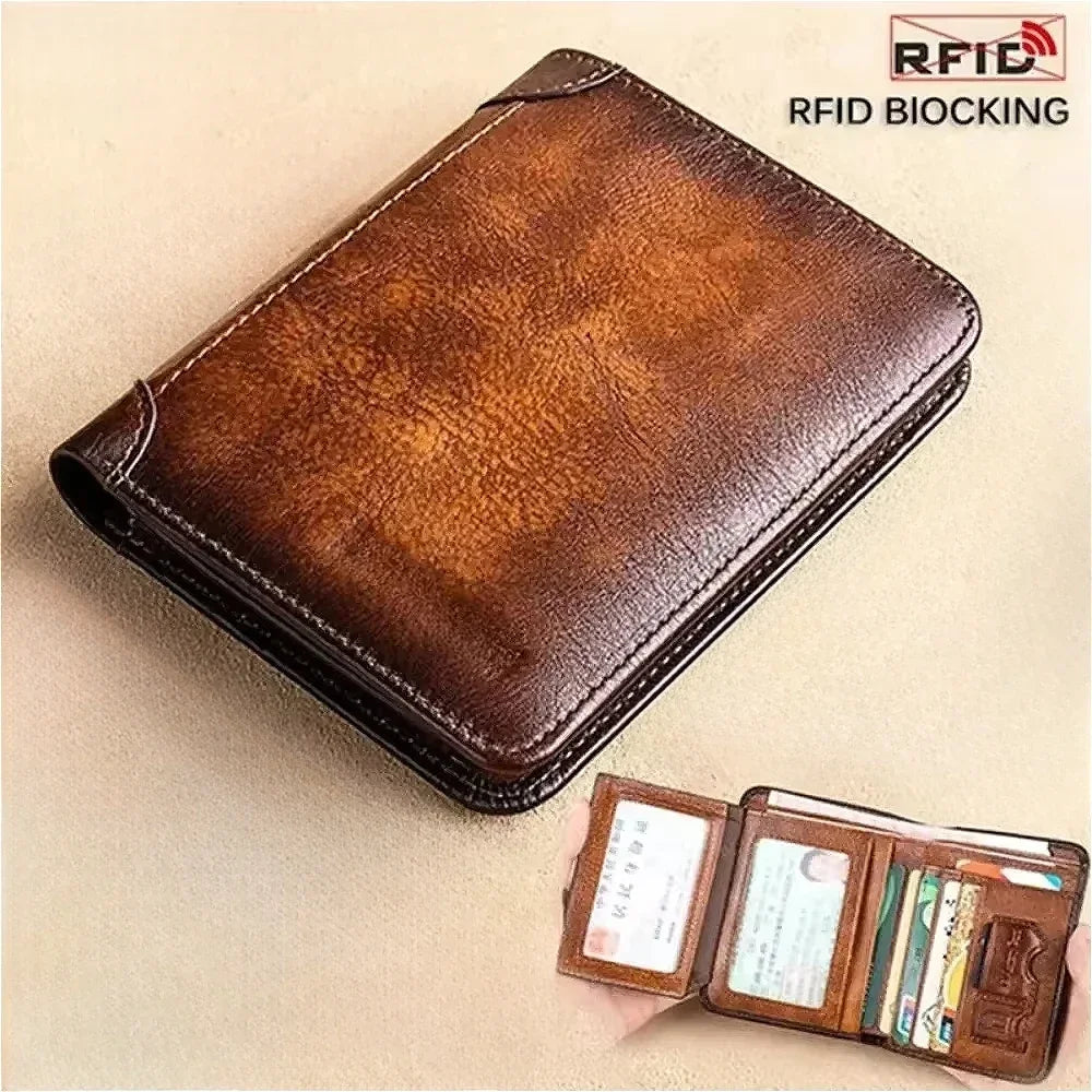 Men's Genuine Leather RFID Blocking Trifold Wallet Slim Vintage ID & Credit Card Holder