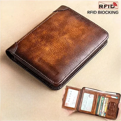 Men's Genuine Leather RFID Blocking Trifold Wallet Slim Vintage ID & Credit Card Holder