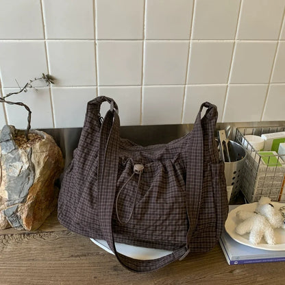 Bolso de hombro de nailon estilo coreano – Bolso tote sencillo a cuadros con cremallera y diseño de nube plisada con cordón ajustable, bandolera de moda para mujer, bolso de mano casual para el día a día