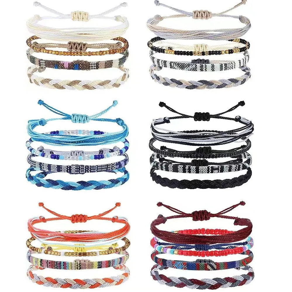 4/24 Piece Boho Surfer Bracelets & Anklets Set – Colorful Braided Rope String Jewelry for Summer Beach Fashion