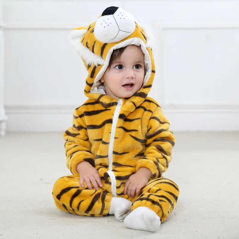 Halloween Dinosaur Baby Romper – Warm Fleece Hooded Kigurumi Pajamas & Animal Jumpsuit for Baby Boys & Girls, Cozy Winter Costume 0-4T