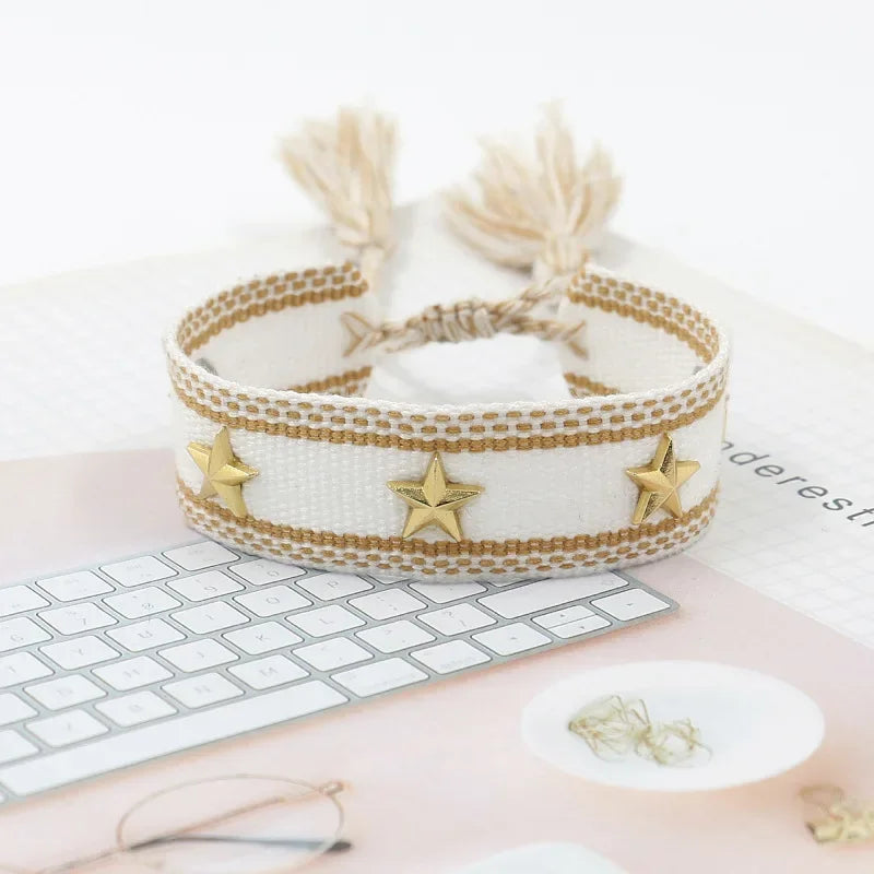 Bohemian Star Tassel Bracelet – Handmade Woven Alloy Gold Rivet Wrist Strap for Women | Ethnic Fashion Jewelry Gift
