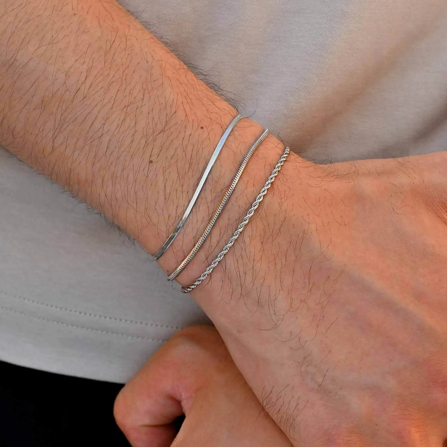 3-Piece Silver Twist Chain Bracelet Set – Never Fade Thin Chain Wristband for Men | Punk Fashion Jewelry Gift for Husband, Father & Son