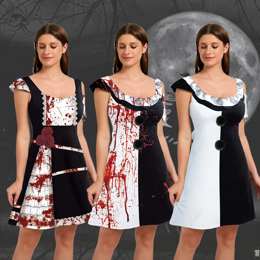 Women’s Halloween Clown Dress – Terrifier 3-Inspired Horror Cosplay Costume with Bloody 3D Print Design for Parties, Carnival & Fancy Dress