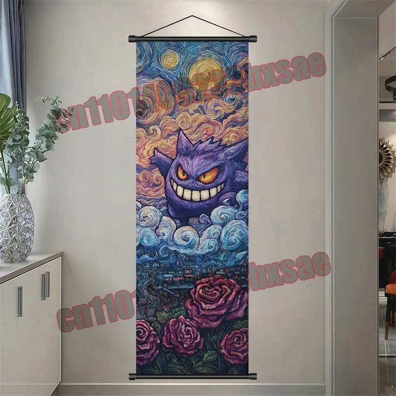 Pokémon Anime Wall Poster – Gengar Eevee Pikachu Scroll Painting Retro Canvas Artwork for Home Decor