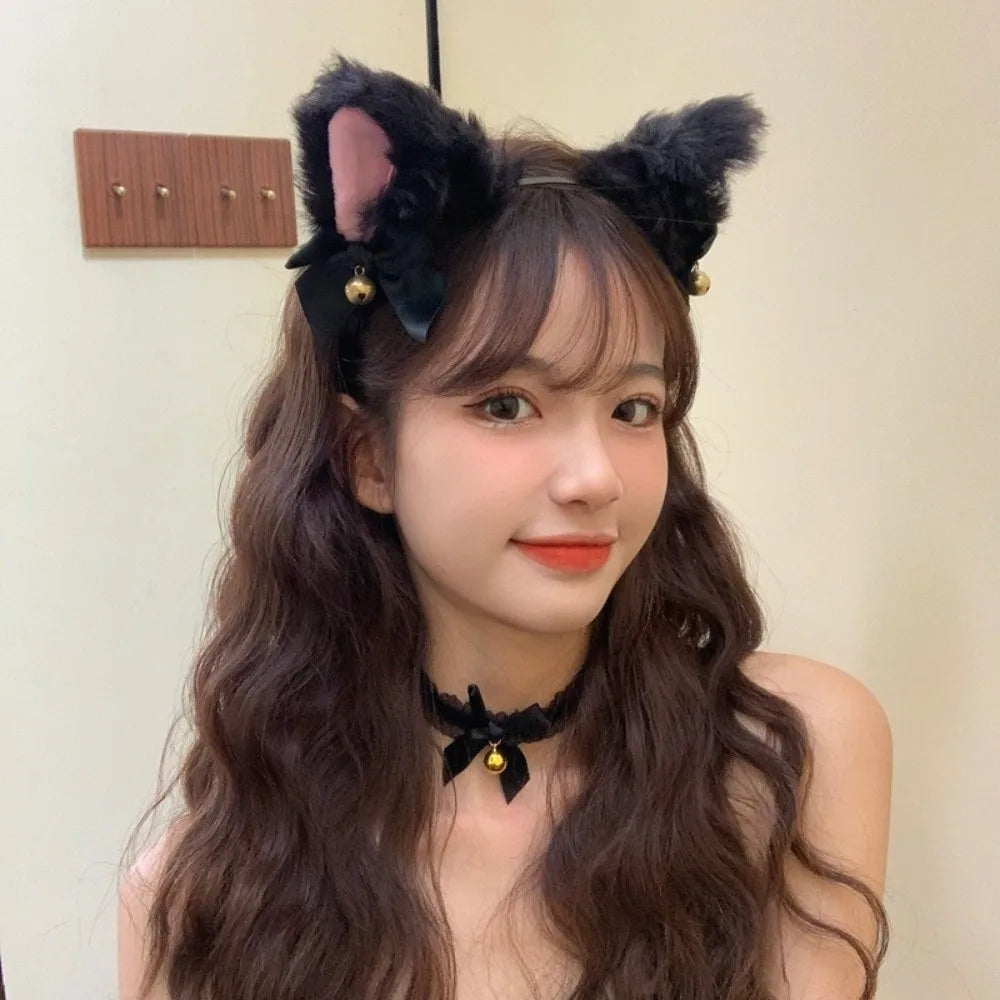 Cute Cat Woman Cosplay Accessories Set, Cat Ears Headband with Lolita Bow and Cat Paw Gloves, Kawaii Anime Costume Headwear for Girls, JK Fashion, Halloween, and Dress-Up Parties
