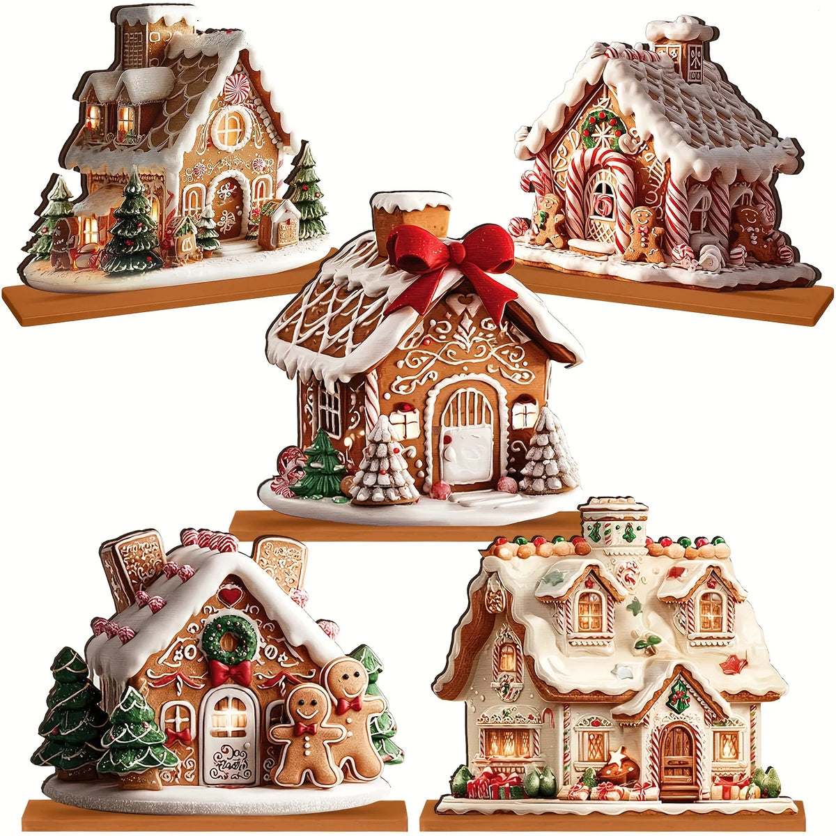 5PCS Wooden Gingerbread Christmas Decorations – Gingerbread House Ornaments & Winter Table Centerpiece Decor for Xmas Home & Parties