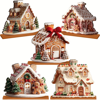 5PCS Wooden Gingerbread Christmas Decorations – Gingerbread House Ornaments & Winter Table Centerpiece Decor for Xmas Home & Parties