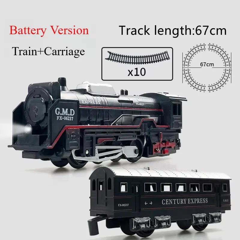 Retro Electric Freight Steam Train Toy Set – DIY Assembly Railway Track with Lights, Sound & Smoke Simulation, Children’s Gift
