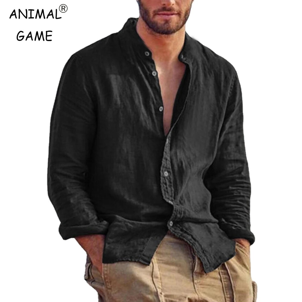Men's Linen Long Sleeve Shirt – Stand Collar Casual Top, Lightweight Breathable Solid Color Hawaiian Style Shirt