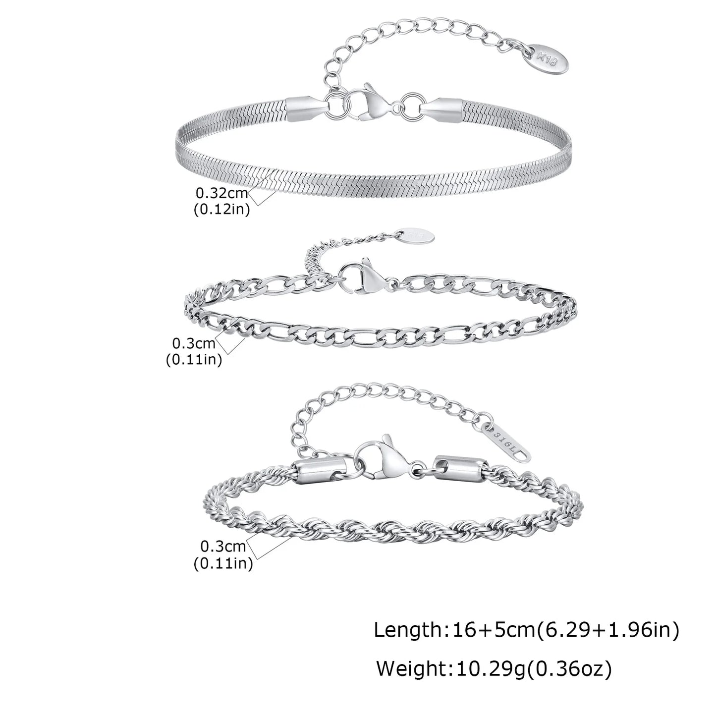 3-Piece Silver Twist Chain Bracelet Set – Never Fade Thin Chain Wristband for Men | Punk Fashion Jewelry Gift for Husband, Father & Son