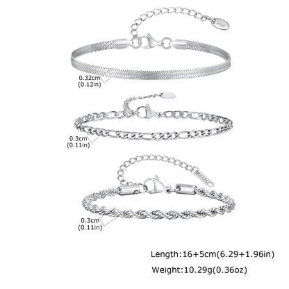 3-Piece Silver Twist Chain Bracelet Set – Never Fade Thin Chain Wristband for Men | Punk Fashion Jewelry Gift for Husband, Father & Son