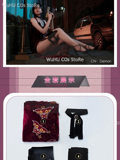Resident Evil 4 Ada Wong Cosplay Costume | Red Cheongsam Embroidery Dress with Wig | Halloween Carnival & Anime Roleplay Suit for Women