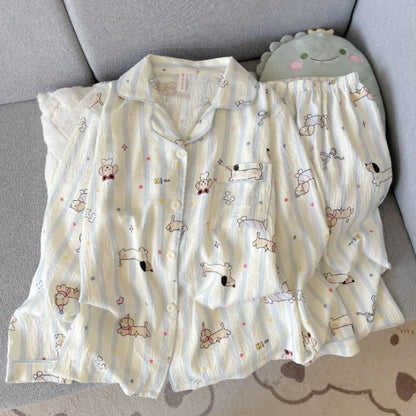 Pijama de 2 piezas a cuadros con bordado de perro para mujer - Estilo coreano, suave, de manga larga, ropa de dormir y de estar para otoño