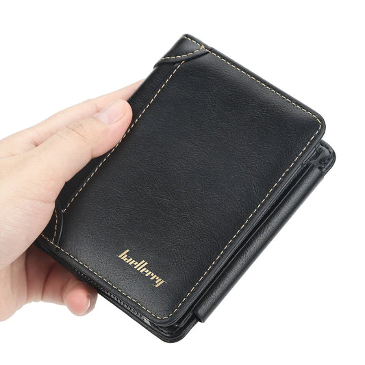Cartera corta de piel sintética Baellerry para hombre con ranuras para tarjetas, clip para billetes y bolsillo con cremallera para monedas