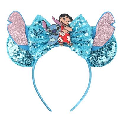 Diadema de orejas de Mickey Mouse de Lilo & Stitch – Lazo de lentejuelas de 5" Accesorio para el cabello de dibujos animados para mujeres y niñas | Diadema para fiestas y festivales