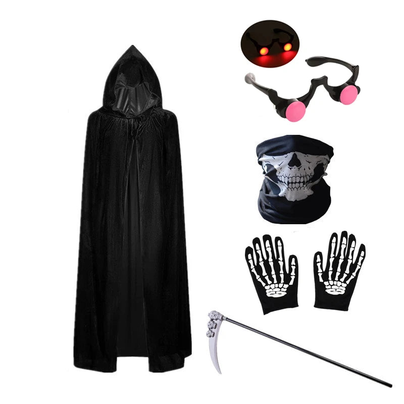 Kids’ Grim Reaper Halloween Costume – Scary Robe Outfit with Glowing Red Eyes, Mask & Gloves for Boys, Halloween Parties & Dress-Up