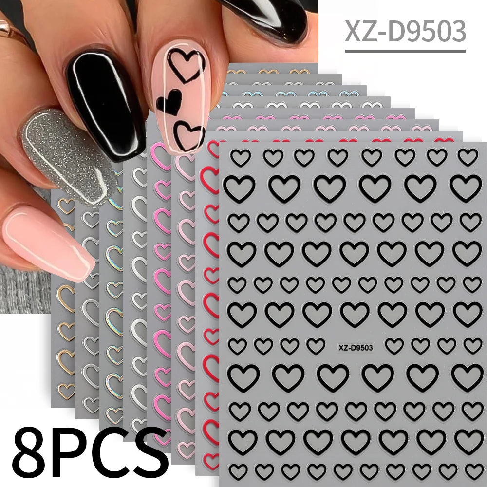 8-Sheet 3D Heart Nail Stickers – Cute Pink Black White Gold Self-Adhesive Nail Art Decals (8×10cm)