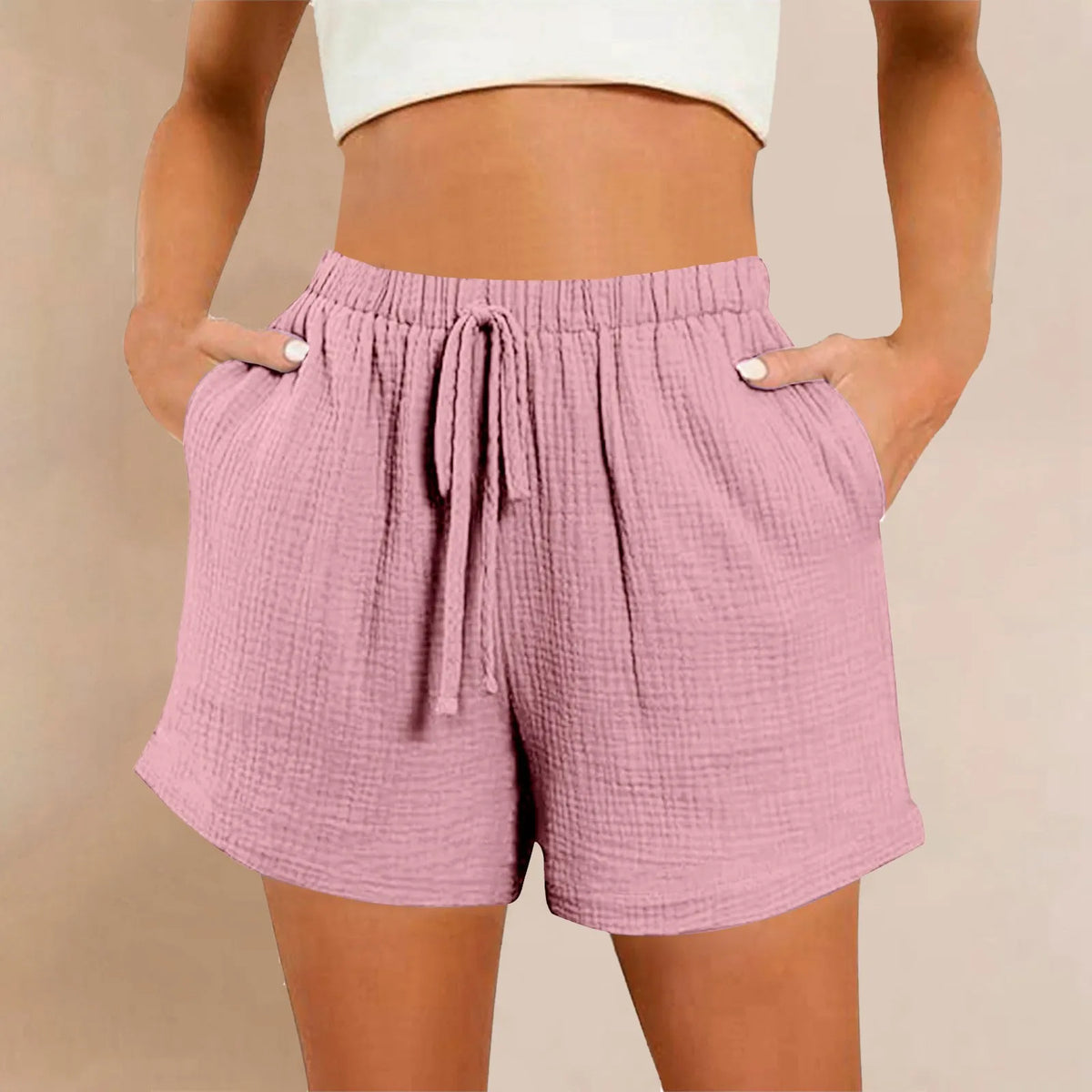 Women's Summer Cotton Crepe Shorts – Solid-Color Washed Double-Layer Gauze Lightweight Shorts, Soft Breathable & Comfortable Casual Wear