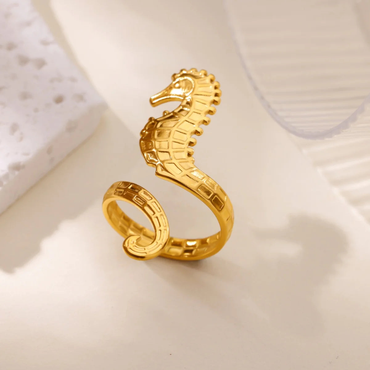Gold Stainless Steel Starfish & Shell Ring – Adjustable Waterproof Beach-Inspired Ring for Women