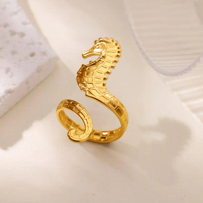 Gold Stainless Steel Starfish & Shell Ring – Adjustable Waterproof Beach-Inspired Ring for Women
