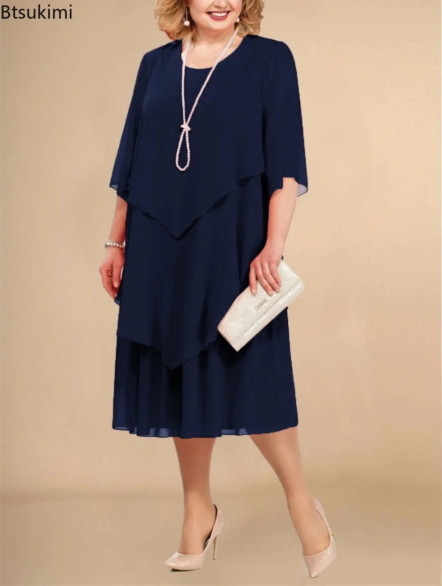 Plus Size Women's Chiffon Midi Dress – Elegant Irregular Layered Hem Flowy O-Neck Dress for Summer Parties & Weddings