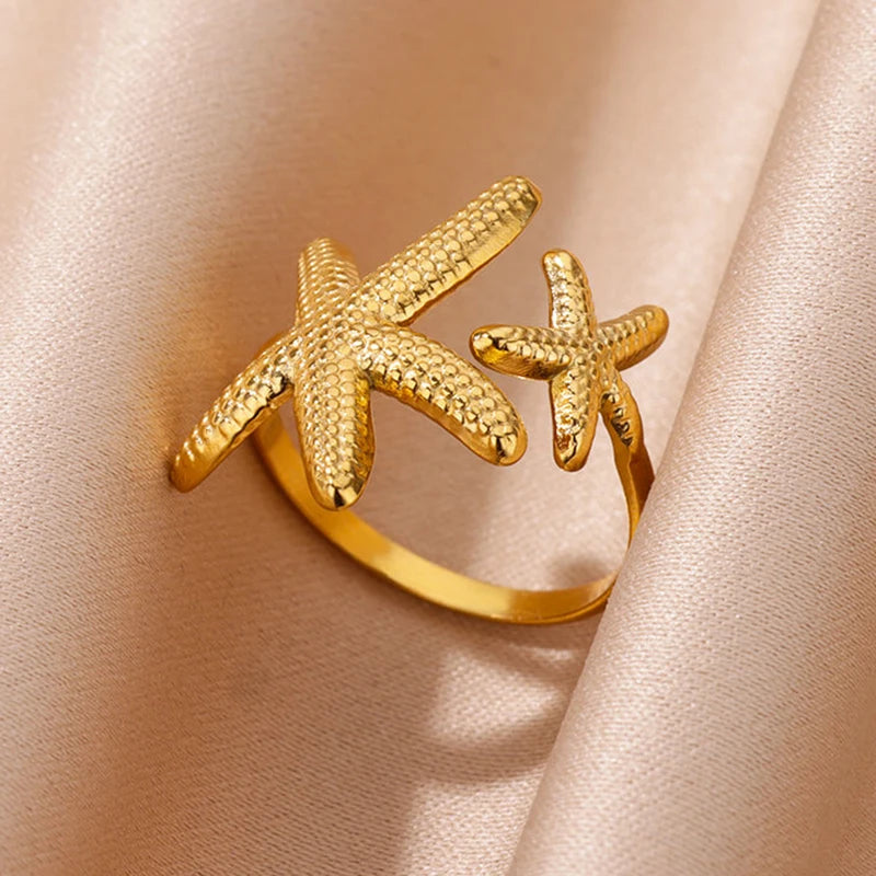 Gold Stainless Steel Starfish & Shell Ring – Adjustable Waterproof Beach-Inspired Ring for Women