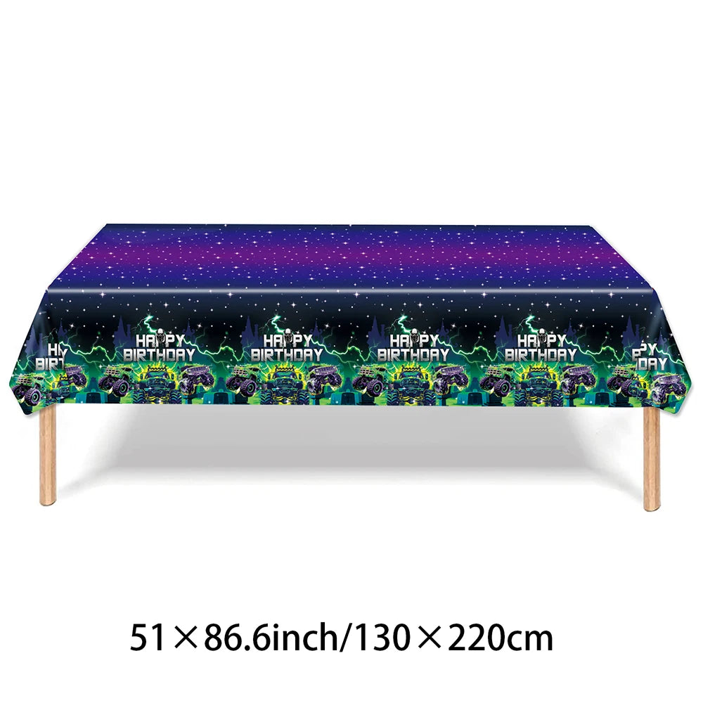 Monster Truck Birthday Party Supplies – Disposable Plates, Napkins, Banner & Tablecloth for Kids' Boys' 2nd Birthday Decorations